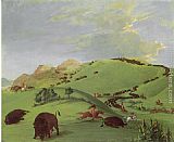 George Catlin Canvas Paintings - Buffalo Chase, Mouth of the Yellowstone